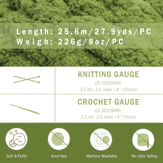 8 Pack Olive Green Chunky Yarn for Hand Knitting, Chunky Chenille Yarn, Jumbo Big Thick Chunky Yarns for Crocheting, Super Bulky Chunky Knit Blanket Yarns (27.9 yds,7.97 oz Each Skein)
