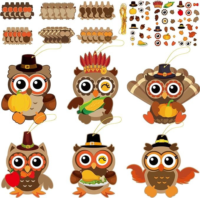 30Pcs Thanksgiving Craft Kits DIY Owl Craft, Thanksgiving Fall Art Craft Make Your Own Card Sticker Set for Home Game Activities