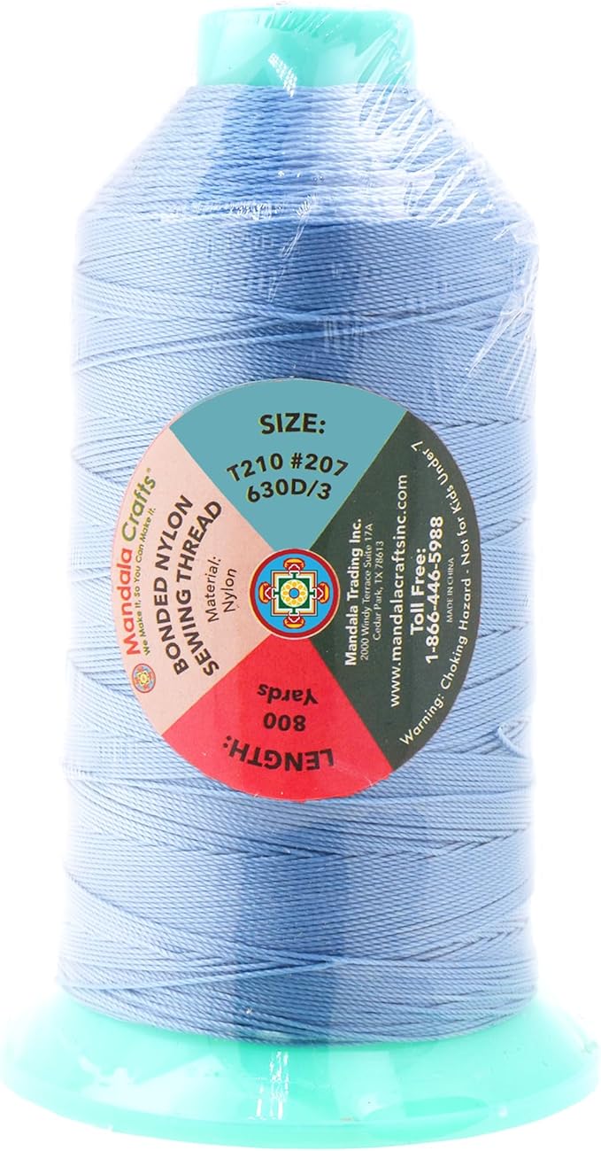 Mandala Crafts Size 207 630D T210 Bonded Nylon Thread - Light Blue 800 YDs Tex 210 Heavy Duty Sewing Threads for Leather, Jeans, Weaving, Outdoor Marine Upholstery