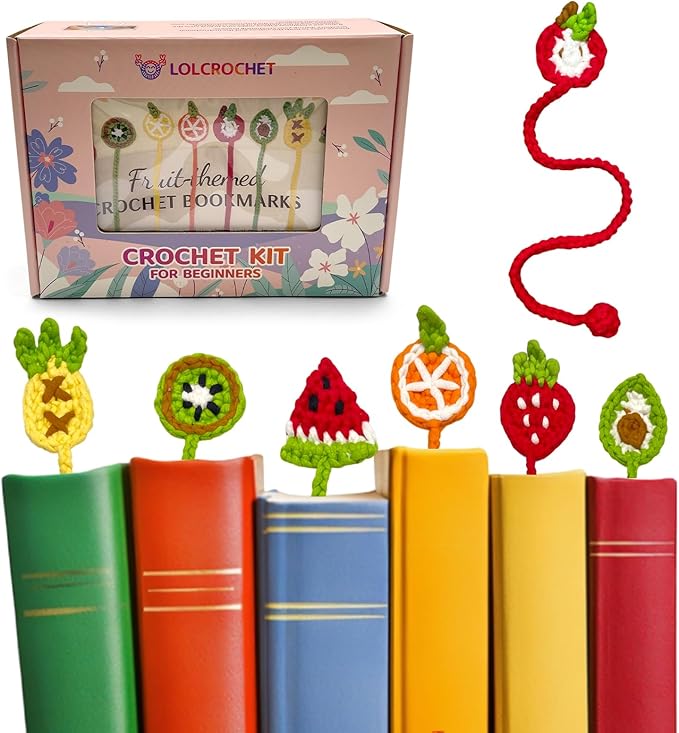 LOLCROCHET Crochet Kit for Beginners, 8pcs Fruit-Themed Learn Bookmarks Crochet Starter Set with Video Tutorial & Manual, Easy Yarn Knitting Kit for Adults, DIY Xmas Holiday Crocheting Gift