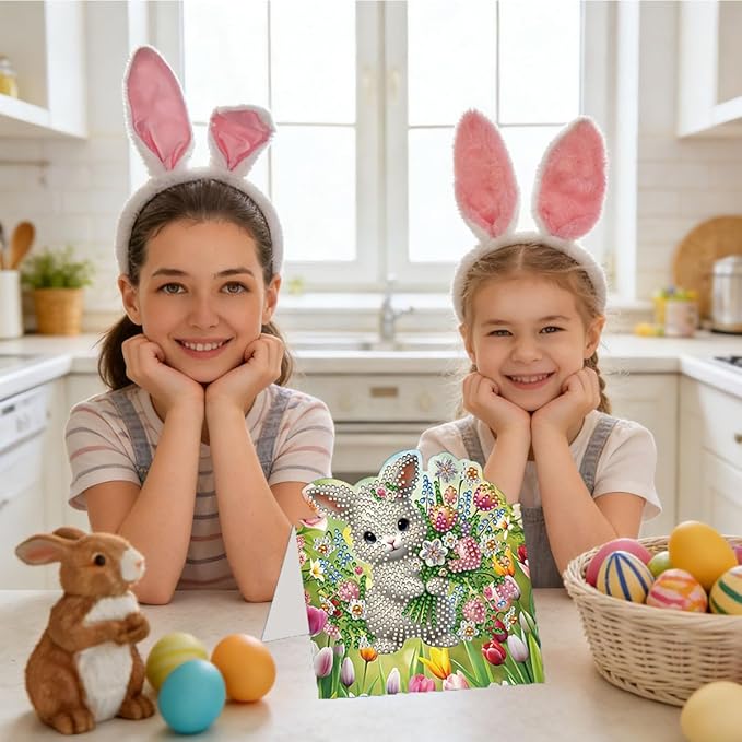 8 Pack 5D DIY Diamond Painting Greeting Card Kit, Diamond Art Greeting Card, Art Crafts Kit Creative Gift with Envelope (Easter Bunny B)