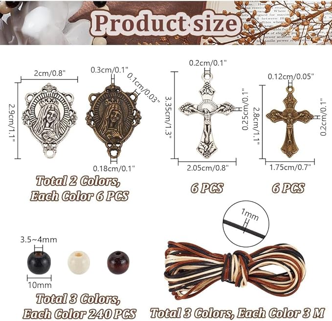 PH PandaHall 744pcs Rosary Jewelry Making Kit First Communion Necklace Natural Wood Beads Making Set Cross Centerpiece Alloy Chandelier and Beading Wires for Easter Eid Mubarak Ramadan