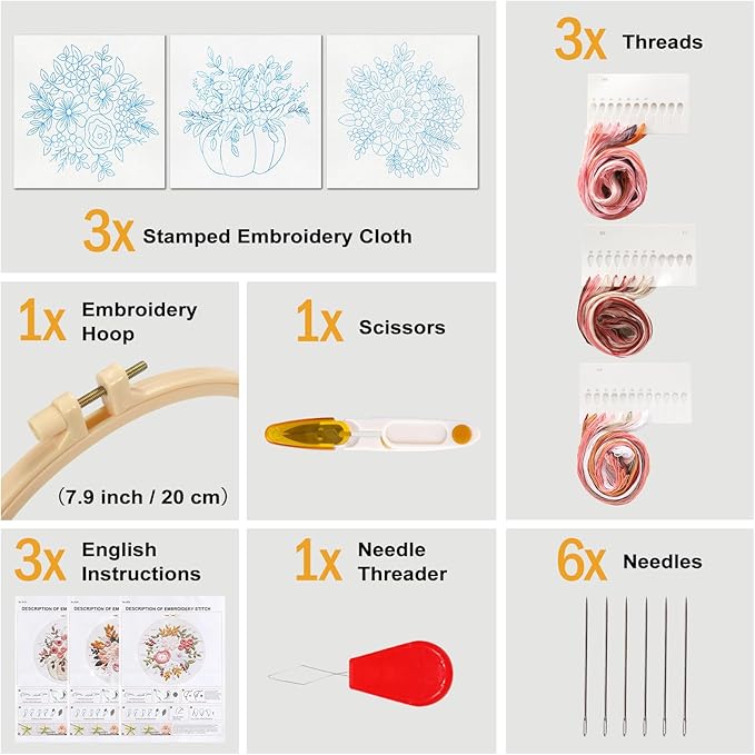 Sivilife Embroidery Kit for Beginners, 3 Sets Stamped Cross Stitch Kits for Beginner, Floral Pattern Embroidery Starter Kits for Adults with Embroidery Hoop Instructions Threads and Needles Scissors