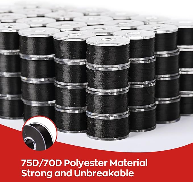Poolin Richword Selected Prewound Bobbins, Plastic Sided,144pcs Size L(SA155), 70D/2(60WT) Polyester Bobbin Thread for Commercial Multi Needles Embroidery Machine, Black 105 Yards
