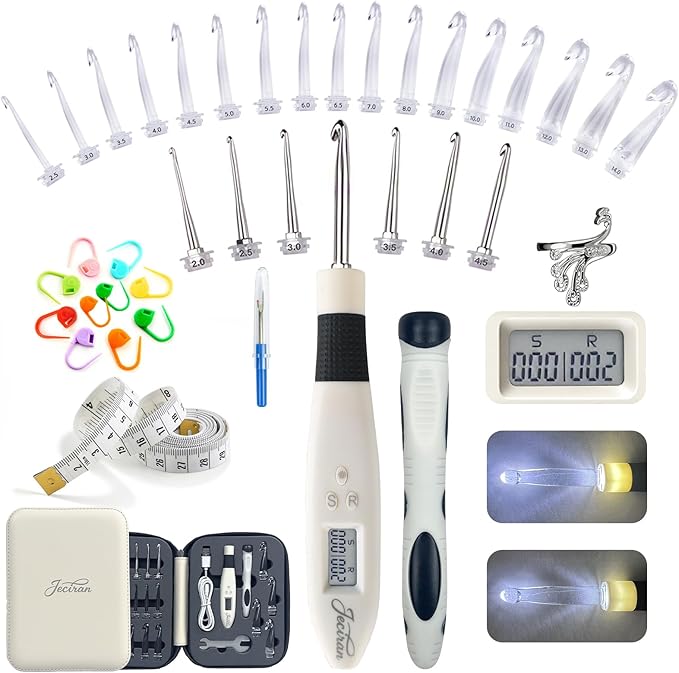 Jeciran 24 in 1 Light Up Crochet Hook Set,Lighted Crochet Hooks with Counter,Counting Crochet Hook for Stitch & Row Counter Micro Crochet Gifts with Case