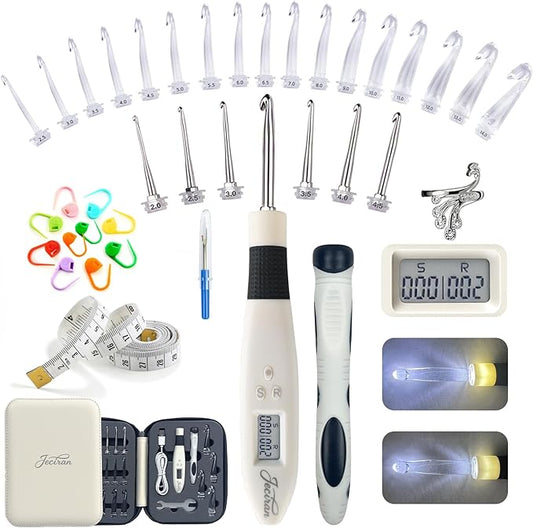 Jeciran 24 in 1 Light Up Crochet Hook Set,Lighted Crochet Hooks with Counter,Counting Crochet Hook for Stitch & Row Counter Micro Crochet Gifts with Case