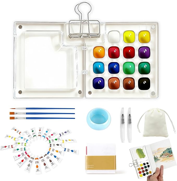 Portable Mini Watercolor Paint Set - All-in-One Travel Kit with Paints, Brushes, Palette, Bag, and Water Container - Perfect for Artists and Beginners-15 Grids