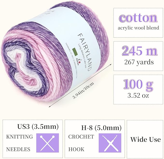 Aeelike Cake Yarn for Crocheting, 6 Skeins Gradient Yarn Fairyland Yarns100g (3.52 oz) 245m (267 Yards) # 3 Light Weight, Super Soft Ombré Yarns Making Colorful Blanket Scarves Hat, Purple Gradient