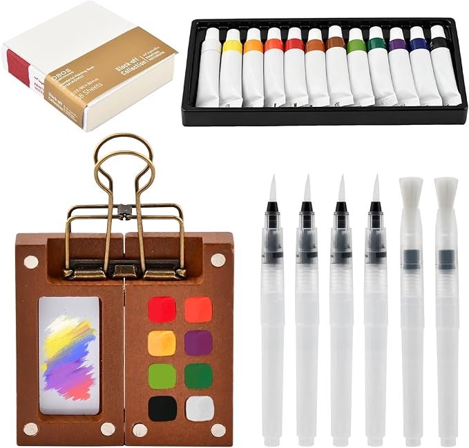 Pocket Artist Watercolor Travel Set, Mini Watercolor Palette Collection(8 Grids), Portable Kit Paint, Brush, Sketchbook & Copper Clip for Artists, Outdoor Sketchers & Beginners