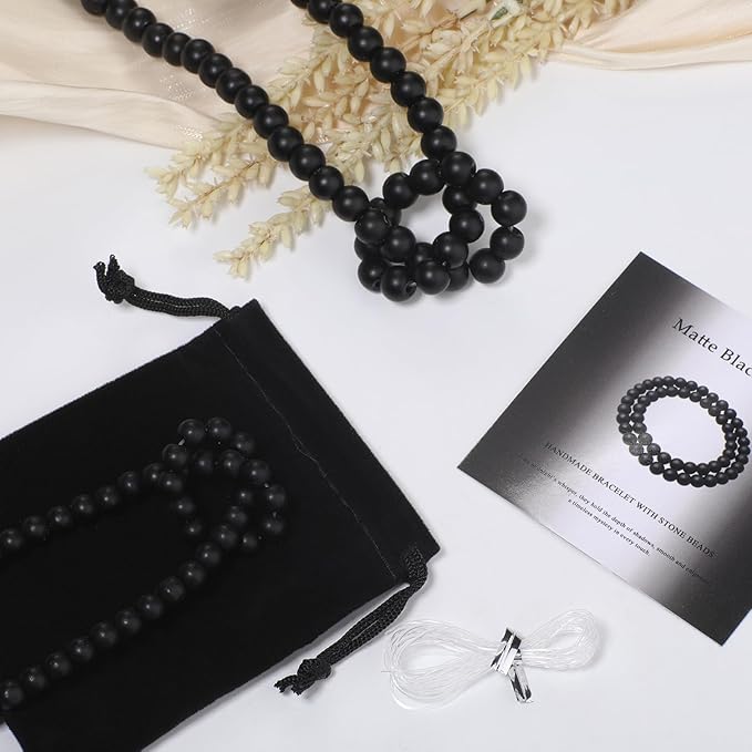 Stone Beads, 60pcs Matte Black Onyx, 6mm Round Loose Beads for Jewelry Making, Bracelets, with Bag, String & Card