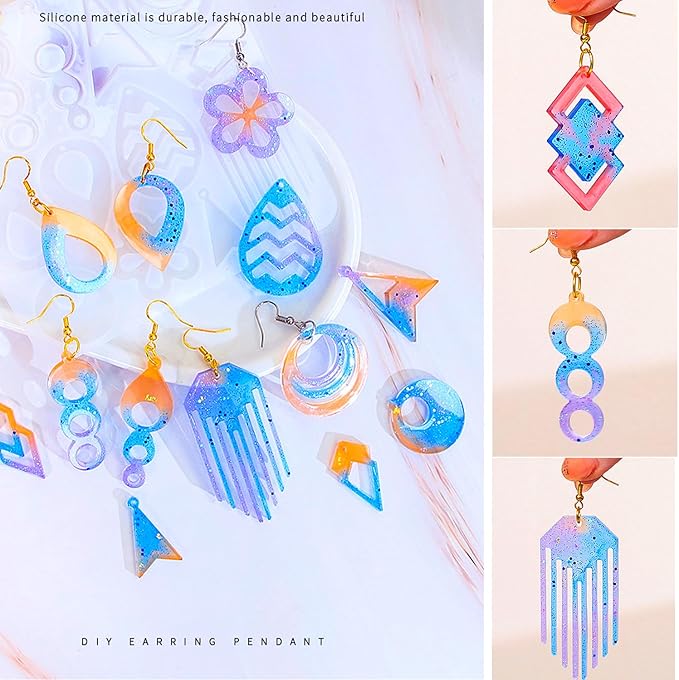 104Pcs Geometric Resin Earring Molds Kit, Irregular Shaped Earrings Silicone Mold for Epoxy Resin Dangle Drop Jewelry Molds Making Kit with 100 Earring Hook for Earrings Necklace Pendants (clear)