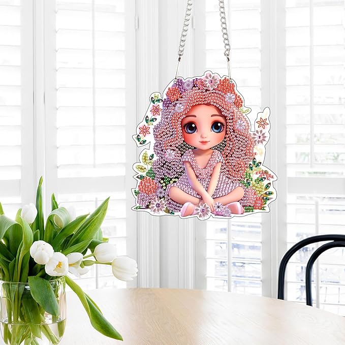 AiYuanzsh DIY Beautiful Girl Diamond Art Hanging Kit, Floral Special-Shaped Crystal Diamond Painting Pendant Ornament for Home Wall Decor Gift for Adults