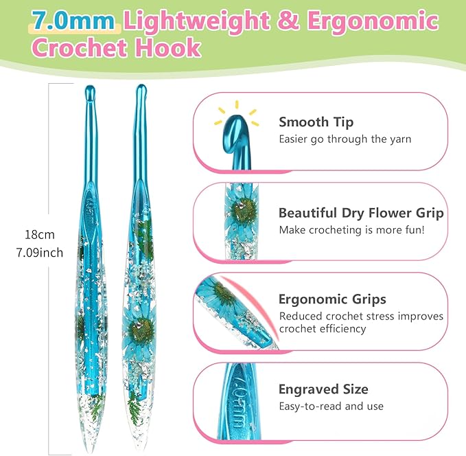 Katech 7mm Crochet Hooks with Floral Pattern-Elegant &Unique Crochet Needles-Longer Smooth Glide Crocheting Hook for Arthritic Hands, Beginners & Professional Ideal Crochet Gift