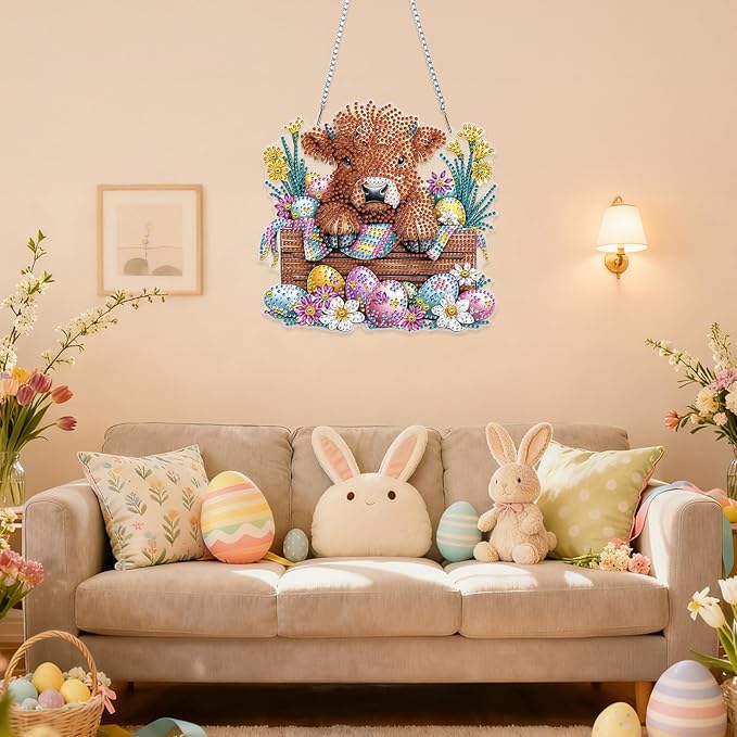 RICUVED Easter Diamond Art Hanging Kit for Adult, Cow Special Shaped Diamond Painting Pendant Board Kit, Eggs 5D Art Suncatchers Double Sided Hanging Window Ornament for Home Garden Decor