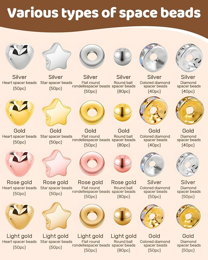 Goldwise Spacer Beads for Jewelry Making, 1280pcs Assorted Round Star Rondelle Heart Gold and Silver Beads for Bracelet Jewelry Making & DIY Crafts