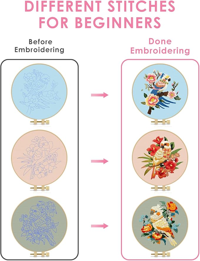 TINDTOP Embroidery Kit for Adult Beginners, Parrot Embroidery Stitch Practice kit Include Embroidery Cloth Hoops Threads for Craft Lover Hand Stitch