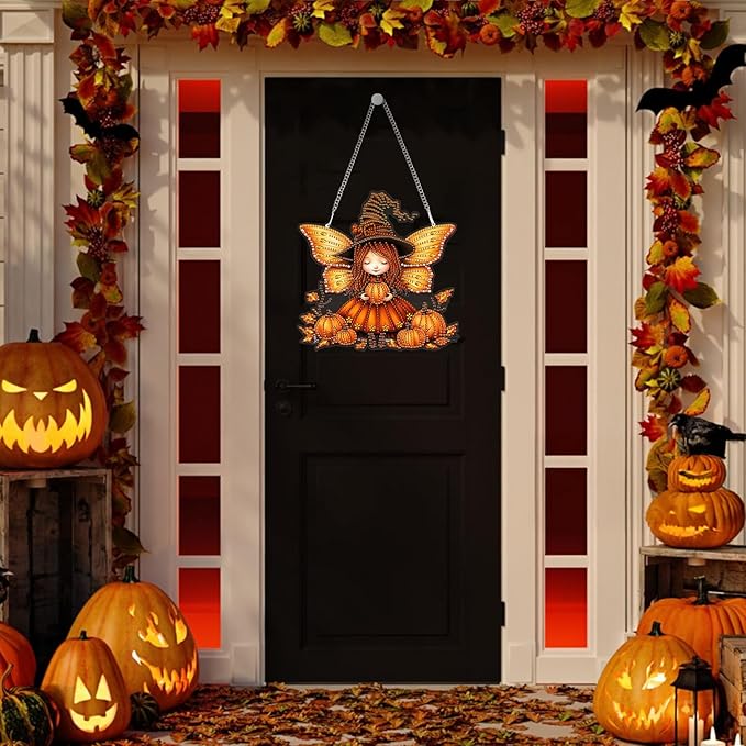 Genius maker Halloween Diamond Art Hanging Kits for Adults, Fall Pumpkins Fairy Special Shaped Diamond Painting Kit, Acrylic 5D Crystal Diamonds Gem Art Painting Hanging Ornament for Home Wall Decor