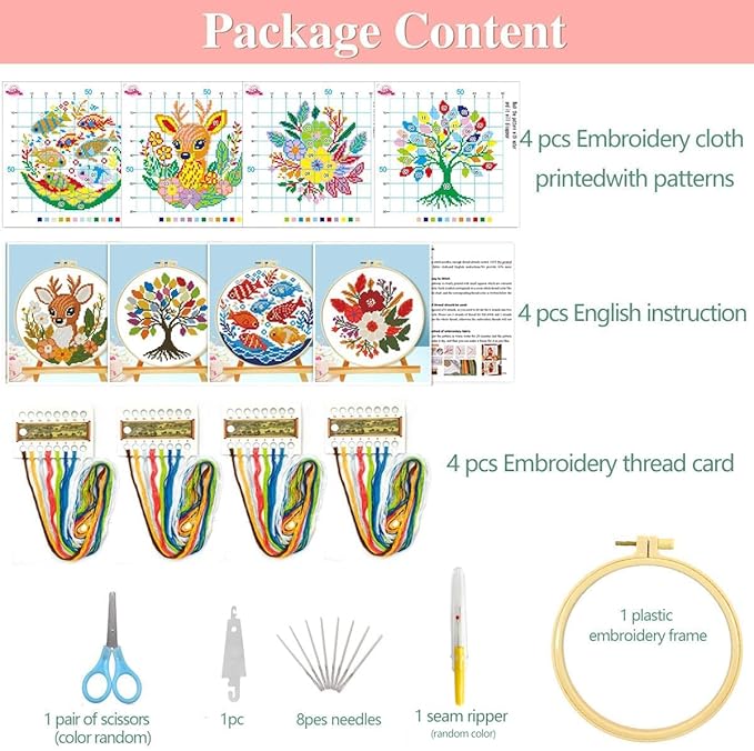 Zhenqing 4-Piece Nature Themed Cross Stitch Kit - Deer, Tree, Fish & Flower Designs with Pre-Printed 11CT Fabric, Hoop & Tools for Beginners (69180)