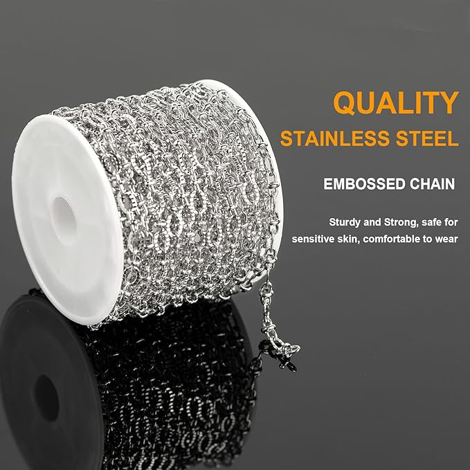 KYUNHOO 16.4 Feet Stainless Steel Chain Bulk Dainty Embossed Oval Cable Link Chain Roll Silver Jewelry Making Chains for Women Men DIY with Jump Rings Lobster Clasps