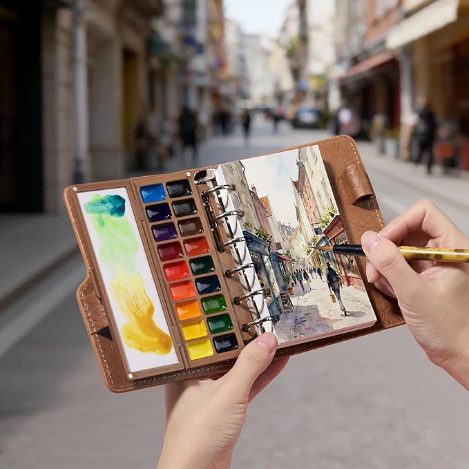 Portable Watercolor Sketchbook Set - 100% Cotton 5.1x3.0 Inch Cold Press 20 Sheets Binder Art Journal with 18-Well Ceramic Paint Palette & Travel Watercolor Brushes for Artists Outdoor Painting