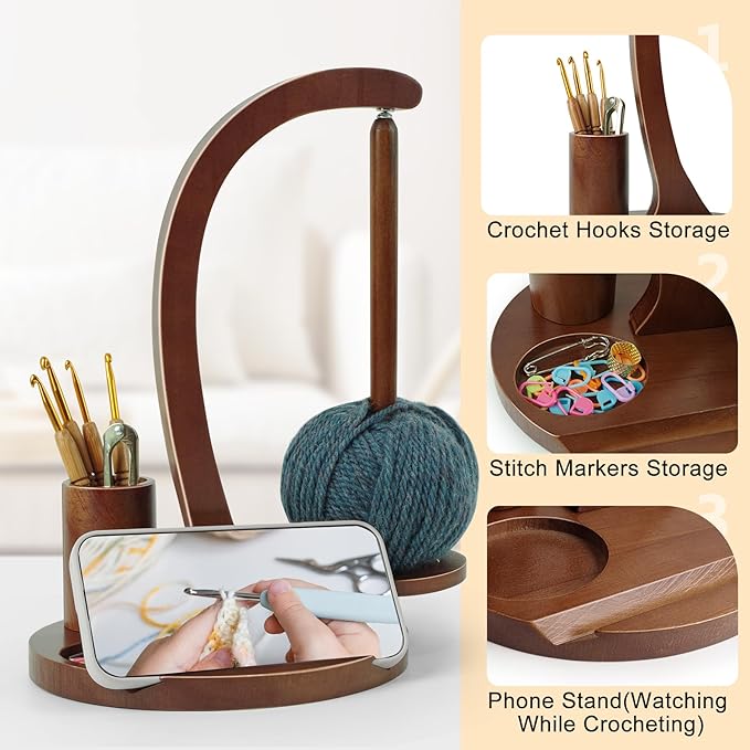Sewovvmu Crochet Yarn Holder, Yarn Spinner for Crocheting with Phone Stand & Crochet Accessories Storage, Crochet Gift for Knitting Lovers (Brown)
