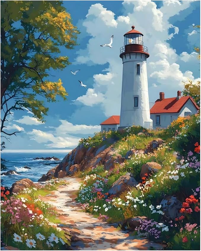 xcemhil Lighthouse Paint by Numbers Kit for Adults Beginner, Lighthouse Paint by Number for Adult, Acrylic Paint by Numbers Kits Suitable for Home Wall Art Decor Gifts 16x20 Inch