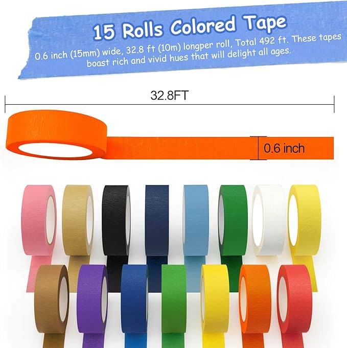 Piokio Colored Washi Tape 15 Roll Multi Pack - 492 Feet x 0.6 inch Wide Set Rainbow Solid Color Tape for Egg Decorating, DIY School Supplies, Decorative Tape, Masking Tape