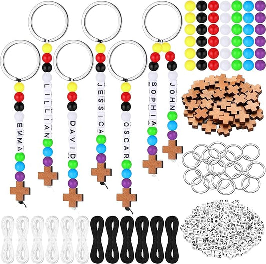 Landical 564 Pcs DIY Wood Cross Keychain Making Kit Easter Key Chain Craft Christian Name Bead Sunday School Gospel Religious Jewelry Party Favor Vbs Church Easter Gift for Adult(Wood Color)