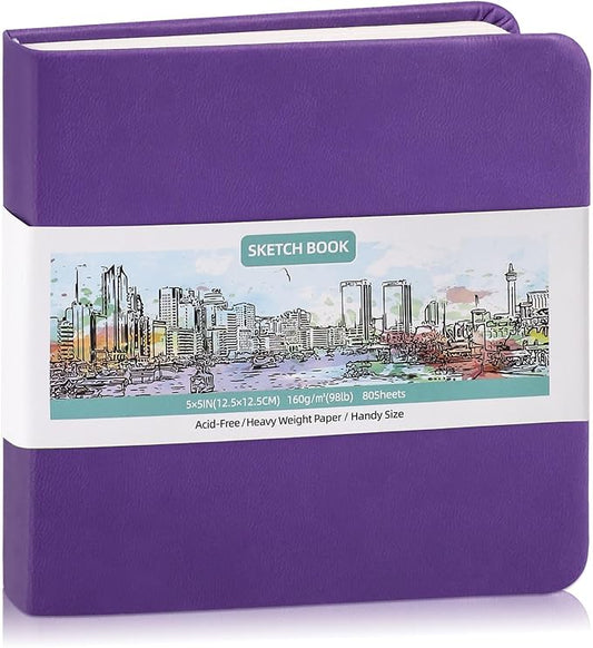 Hardcover Pocket Sketchbook, 5" x 5" Square Mini Sketchbook, 98lb/160gsm Heavyweight Tiny Sketch Book, 80 Sheets Small Travel Drawing Journal for Adults, Artist, Ideal for Gift (Purple)