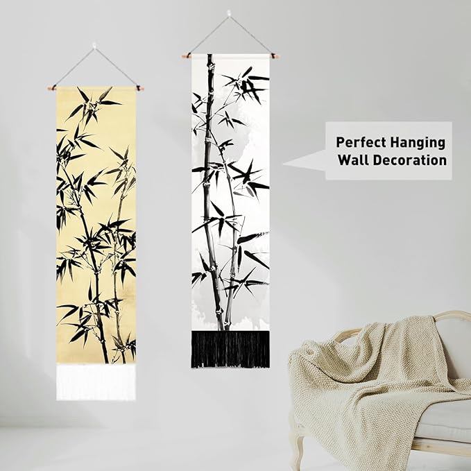 PLIGREAT 2 Pack Bamboo Leaf Tapestry with Tassels, Ancient Bamboo Wall Hanging Home Decor Chinese Art Vertical Wall Tapestry for Bedroom Living Room Long Narrow Home Hanging Decor, 46" x 13"