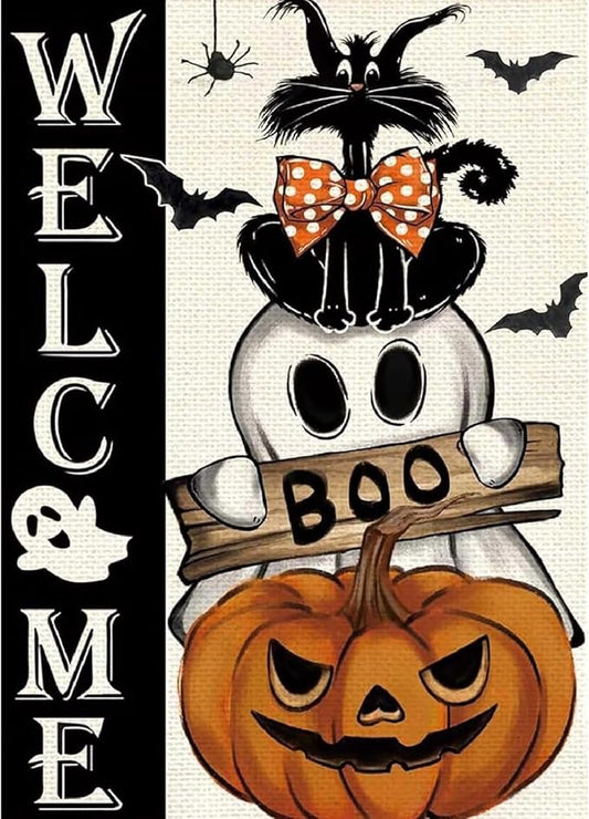 Halloween Stamped Cross Stitch Kits for Adults Beginner, Black Cat Pumpkin Cross Stitch Kits Printed Stitching Patterns Dimensions Needlepoint Art Crafts Embroidery Kits for Adults Beginners 12x16 in