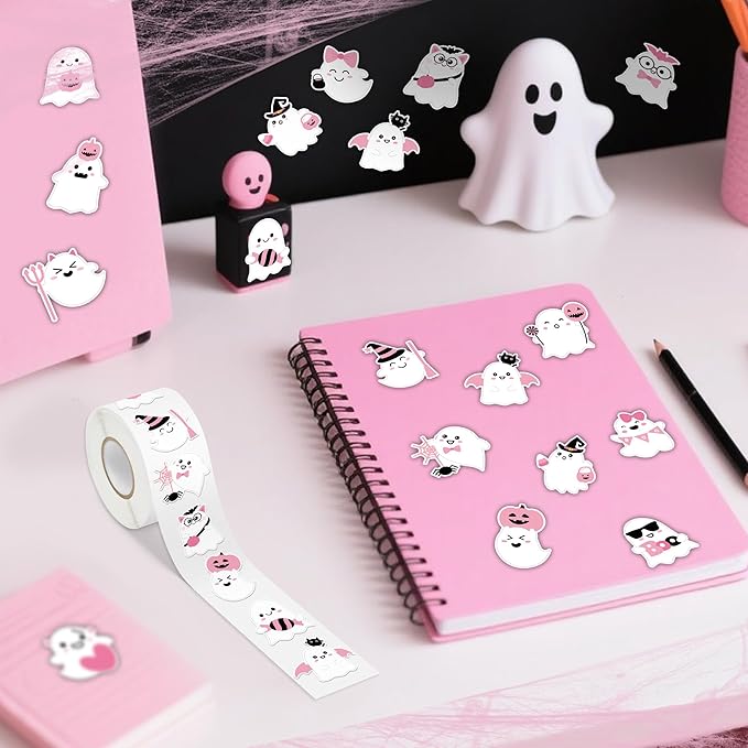 beyumi halloween pink ghost sticker - 1000pcs in 2 rolls halloween pink cute style ghost rolled stickers kawaii boo funny patterns waterproof vinyl decals for party school envelope gift decor