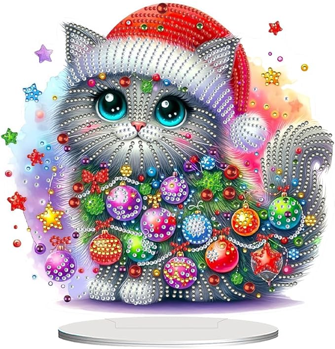 LAKEQUILL Christmas Diamond Painting Kits, Tabletop Ornament, Stand Up Diamond Art Desktop Kits for Home Office Decor, New Year Gift - Christmas Cat