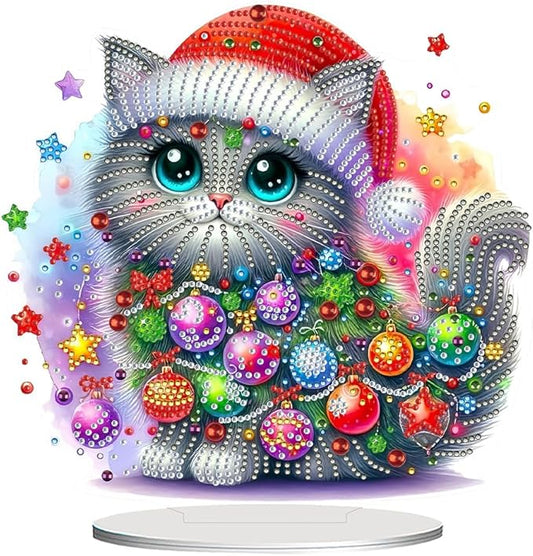 LAKEQUILL Christmas Diamond Painting Kits, Tabletop Ornament, Stand Up Diamond Art Desktop Kits for Home Office Decor, New Year Gift - Christmas Cat