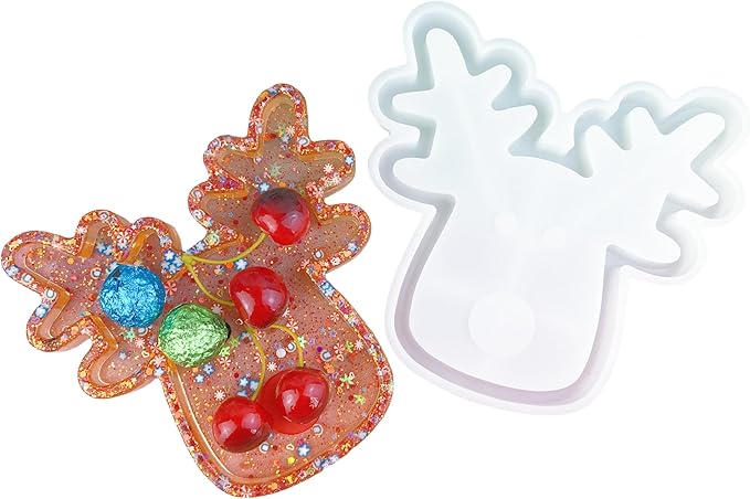 Christmas Reindeer Silicone Mold Resin kit, Epoxy Resin Tray Casting Molds with Glitter Design, Candy and Snack Plates, Jewelry Storage Tray Holiday Crafting Resin molds Silicone Clearance