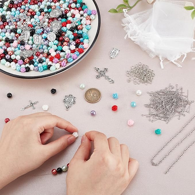 PH PandaHall 767pcs Rosary Jewelry Making Kit Prayer Necklace Supplies 8mm Round Pearl Beads Cross Charms Pendants Flower Rose Beads for Rosary Bracelet Necklace Earring Easter Ramadan Jewelry Making