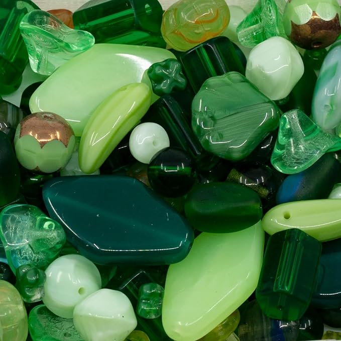1.4oz (40g) Variative Mix of Pressed Czech Glass Beads, Green