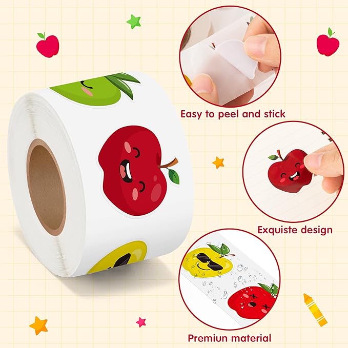 beyumi apple reward roll stickers - 1000pcs back to school apple stickers in 2 rolls first day of school adhesive decals with assorted expressions classroom office bottle notebook decor for kids