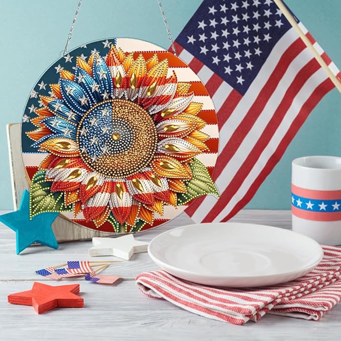 POETRYDRAW DIY Hanging Diamond Art Pendant Kit Independence Day Sunflower, Special Crystal Diamonds Painting Ornament for Adults, 5D Diamond Art Suncatchers Double Sided Board Gem Painting Box Kit