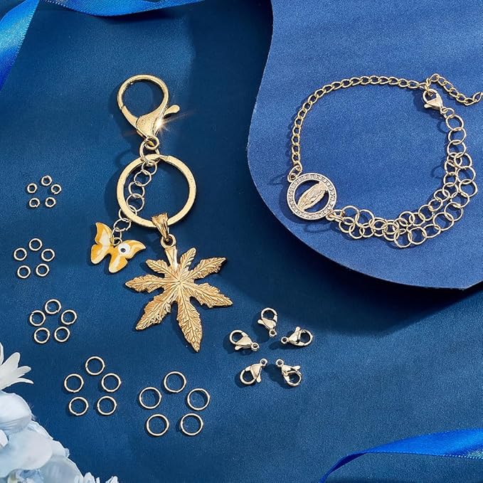 PH PandaHall 24K Gold Plated Jewelry Clasps Kit, 530pcs 4/5/6/7/8mm Open Jump Rings with 10pcs 12x7mm Lobster Claw Clasps 304 Stainless Steel Jewelry Findings for Keychain Pendants Jewelry Making
