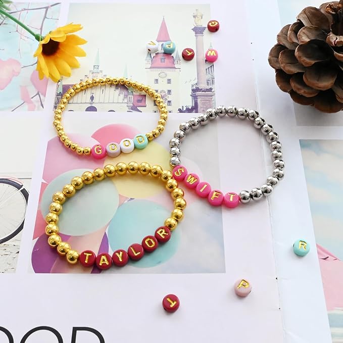 1000pcs Colorful Letter Beads Gold 7x4mm and Elastic String with Storage Box for Jewelry Making Bracelet Hair Braids Crafts