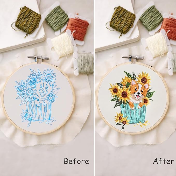COCOMOX 3 Sets Embroidery Kit for Beginners, Dog Flower Pattern Embroidery Practice Kits for Adults, Hand Embroidery Kit, Easy to Follow Instruction and Video