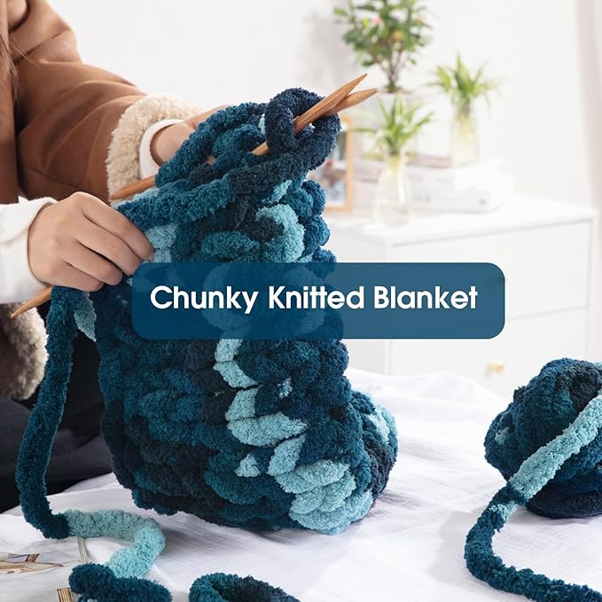 MABOZOO Tie Dye Chunky Yarn for Crocheting & Knitting, 8 Pack - Soft Plush Dark Blue Fluffy Jumbo Chenille Yarn,Giant Thick Fuzzy Bulky(29 yds, 8 oz Each Skein)