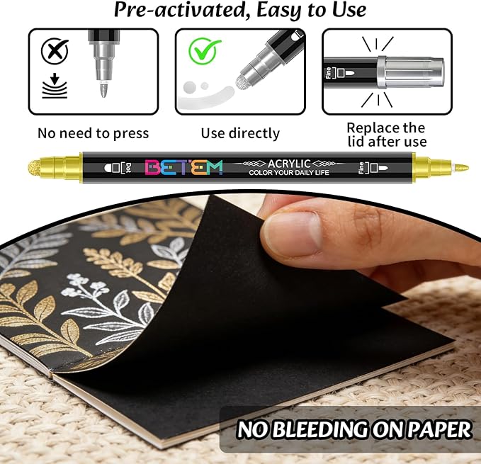Betem 6 Gold&Silver Dual Tip Acrylic Paint Pens Markers, Fabric Decorating Kits Premium Water-Based Acrylic Paint Markers for Fabric, Rock, Wood, Glass, Eggs, Canvas, Ceramic, Easter Basket Stuffers