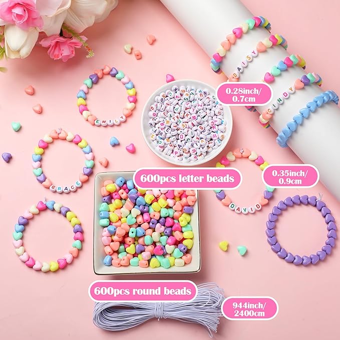 Highergo 1200 Pcs Mother's Day Bracelets for Women Heart Pastel Bead Bracelet Set DIY Craft Kit Love Heart Stretch Mother's Day Jewelry Accessories Outfits Festive Party Gifts Favors