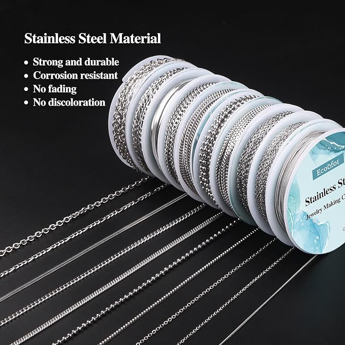 ecoofor necklace chains for jewelry making, 82 feet 10 rolls stainless steel jewelry chains for men women diy necklace bracelet jewelry with jump rings/lobster clasps/connectors