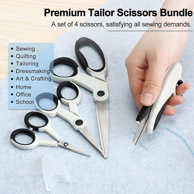 Premium Sewing Scissors Bundle, 8" Heavy Duty Fabric, 5" Embroidery, 4" Small Detail Scissors, 5" Thread Snips, Tailoring, Dressmaking, Quilting, Arts&Craft Supplies, White