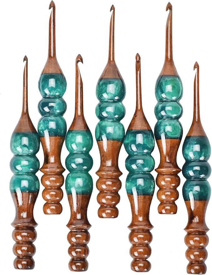 Wooden Crochet Hooks Set for Arthritic Hands | Ergonomic Soft Grip - Resin Mix Indian Rosewood Crochet Hook Set for Crocheting & Knitting (Green, Set of 13)
