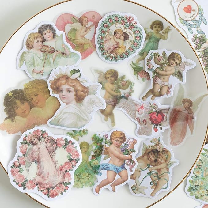 Alideco 80Pcs Vintage Vinyl Scrapbooking Stickers Packs,Kawaii Cute Angel Funny Aesthetic for Adult Girls Journaling Assorted Phone Adult Stickers