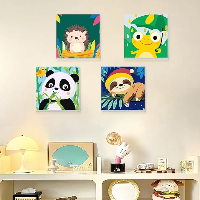 KEYIFA 4 Pack Framed Paint by Numbers Kit for Kids Age 6-12, Easy Animal Paintings for Adult Beginner, Framed Acrylic Canvas Painting for Home Decor Children Gift, 8x8 in (Sloth+Panda+Hedgehog+Frog)